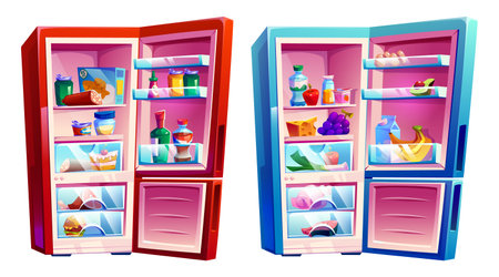 Fridge open view set displaying cartoon kitchen interior. Red and blue refrigerators with organized shelves containing food items, beverages, fruits and dairy products. Culinary apps or game design.のイラスト素材