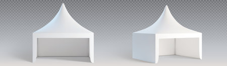 White tent mockup - pagoda peaked roof and open booth design from different angles of view. Portable pavilion realistic template for outdoor events, trade shows or promotional display presentations.のイラスト素材