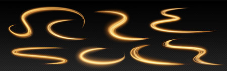 Speed light effect set with golden swirling trails - luminescent curved paths with yellow glow on transparent bg. Dynamic shimmering streak creating motion illusion for magical particle effect design.のイラスト素材