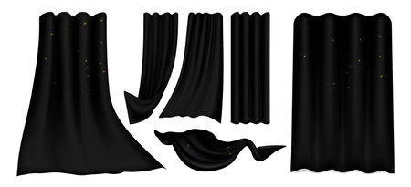 Black curtain collection of various drapery positions with soft folds, flowing fabric textures and scattered glitter details. Elegant textile designs for theatrical stage decoration or presentation.のイラスト素材