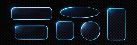 Neon glass frames collection with glowing blue light edges and transparent surfaces. Various geometric shapes - oval, rectangle, circle, square with translucent effect. Futuristic interface design.のイラスト素材