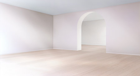 Empty 3d interior room with curved arch doorway connecting spaces. Minimalist beige walls, white ceiling and light wooden floor. Modern environment for architectural visualization or product display.のイラスト素材