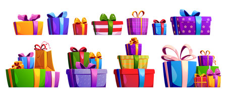 Gift box piles. Colorful wrapped present packages with bows and ribbons - single items and stacked heaps. Cartoon festive parcels decorated with stars, striped patterns for celebration, holiday designのイラスト素材