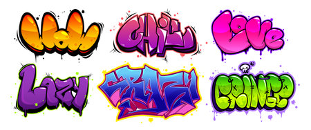 Graffiti cartoon text designs with gradient color schemes. Modern street art words decorated with drips, splatters, outlines, skull elements and bubble style letters. Urban wall art typography.のイラスト素材