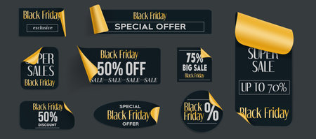 Dark promotional badges and stickers with golden peeled corners for Black Friday sale campaign. Realistic vector set of elegant labels with discount percentages, special offers and super sale text.のイラスト素材