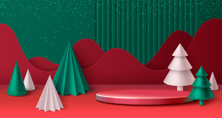 3d Christmas tree podium. Merry Xmas red banner bg for product display on sale. New Year stage with holiday decoration for promotion. Premium advertising platform for happy celebration illustrationのイラスト素材