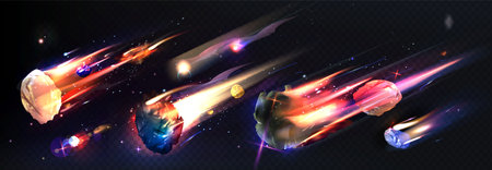 Flaming asteroid and colorful comets. Realistic celestial objects blazing through deep space and leaving luminous trails of fire and cosmic dust for game backgrounds or scientific astronomical design.のイラスト素材