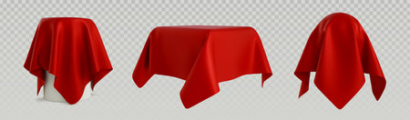 Red cloth reveal mockup set - silky fabric with elegant folds draped over different shapes. Luxury presentation template for product unveiling, grand opening ceremonies and premium display designs.のイラスト素材