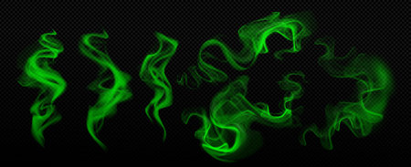 Smell mist collection with luminous green vapor trails - swirling verdant smoke patterns rising on transparent backdrop. Dynamic ghostly curves effects for mystical or poisonous design elements.のイラスト素材