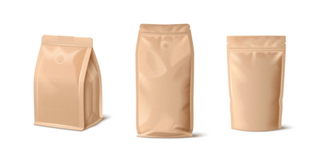 Brown paper bags set isolated on white background. Vector realistic illustration of 3D craft pouch mockups with zip lock and blank surface for product branding, resealable food, coffee, tea packagingのイラスト素材