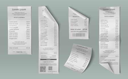 Payment receipts set isolated on background. Vector realistic illustration of rolled and folded paper checks with printed product prices, grocery shop, restaurant service, bank pos terminal invoiceのイラスト素材