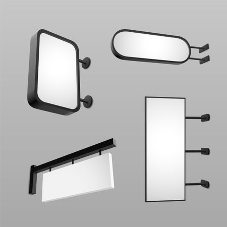 Wall mounted signage mockup set with modern blank displays - rectangular, oval and horizontal lightbox frames. Clean minimalist design of black metal holders and white illuminated panels for branding.のイラスト素材