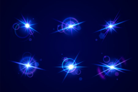 Glint and glare optical effects collection - bright blue luminous starbursts with radiant beams on dark background. Shimmering neon sparkles with lens flares, circular halos and bright bling.のイラスト素材