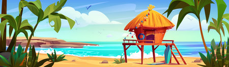 Surfer hut on sandy beach against summer seascape background. Vector cartoon illustration of tropical island with green palm trees, bamboo house with straw roof and wooden ladder, birds flying in skyのイラスト素材