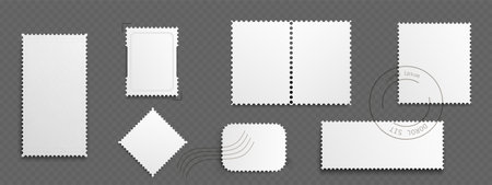 Postcard stamp frame collection with blank white shapes - rectangular vertical and horizontal, square templates with perforated edges, postal marks and seals. Mockup designs for mail communication.のイラスト素材