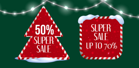 Xmas promotional banners shaped like tree and square tablet - red frames with candy cane borders display super sale discounts. Snowy decorative elements and glowing garland string lights on green bg.のイラスト素材