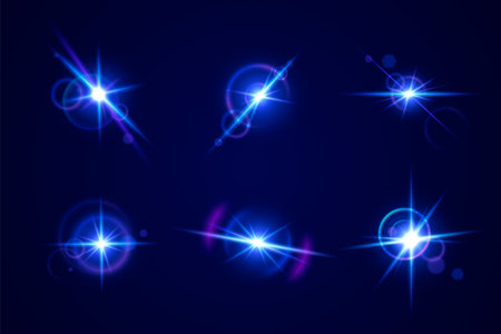 Glint and glare optical effects collection - bright blue luminous starbursts with radiant beams on dark background. Shimmering neon sparkles with lens flares, circular halos and bright bling.のイラスト素材