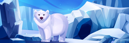 Polar bear standing near glacier arctic cave entrance - frozen landscape with crystalline ice formations, snowy terrain, deep blue cavern opening. White fluffy wild animal in winter environment.のイラスト素材