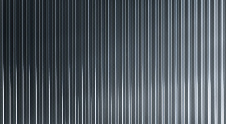 Ribbed glass surface with vertical metallic stripe pattern. Regular transparent grooves create linear texture effect. Chrome material for modern product show screens or decorative window panels.のイラスト素材