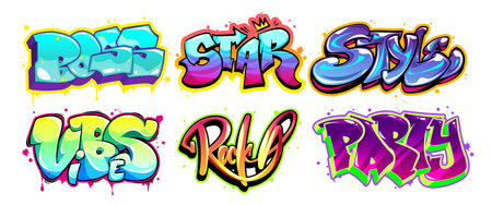 Graffiti cartoon lettering collection in bright gradient colors. Street art typography designs with decorative text painted with spray paint effect, drips, splatter marks, outlines. Urban style words.のイラスト素材