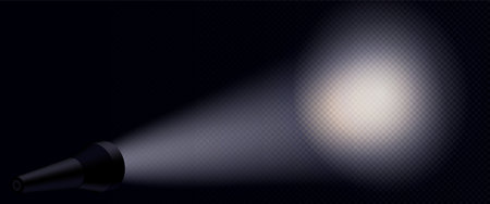 Flashlight projecting wide luminous beam on wall with realistic light scatter effect on dark background. Realistic black metallic torch creating soft gradient illumination with transparent glow.のイラスト素材