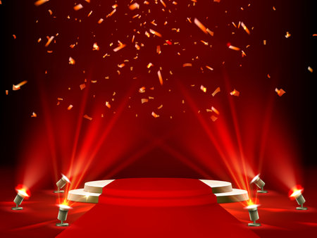Round stage with red carpet, golden confetti and spotlights. Vector realistic illustration platform for cinema, fashion, music show winner award ceremony, sparkling streamer and bright illuminationのイラスト素材