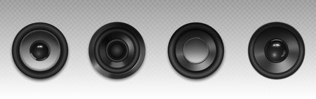 3d music loudspeaker. Stereo sound speaker system isolated icon. Black subwoofer equipment for acoustic studio. Party or movie electronic play set. Powerful cinema amplifier design. Radio deviceのイラスト素材