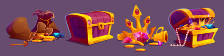 Collection of cartoon fantasy game objects of gold treasure chest with coins and gems, pile of royal jewelry, bag with wealth and closed wooden box. Pirate and adventure themed GUI bonus assets.のイラスト素材