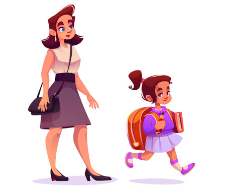 Young woman and little child girl with backpack, book and pencil walk to school. Cartoon vector illustration of smiling mother and daughter with schoolbag going together to educational institution.のイラスト素材