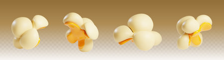 3d popcorn isolated. Realistic cinema kernel icon. Flying caramel pop corn set. Sweet or salt movie snack flake on transparent background. Cooked tasty and delicious food for party with butterのイラスト素材