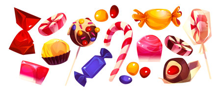 Candies set isolated on white background. Vector cartoon illustration of wrapped lollipops, chocolate sweets in foil, striped caramel cane, color bonbons, delicious holiday gift, confectionery goodsのイラスト素材