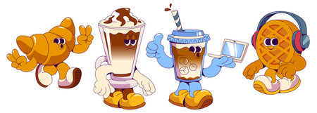 Groovy coffee shop mascots - walking croissant making peace gesture, latte glass topped with cream, iced beverage holding laptop, musical waffle wearing headphones. Characters for cafe branding.のイラスト素材