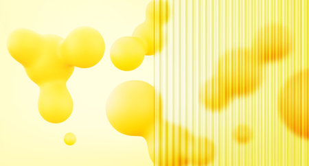Ribbed glass pattern with yellow 3d blob shapes and vertical stripe texture. Smooth spherical metaball elements and transparent linear structure. Abstract background for presentation design or banner.のイラスト素材