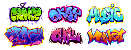 Graffiti lettering text collection in cartoon style - vibrant design of urban art. Bold typography with multicolored spray paint effects, drips, splashes and bubble shapes. Street art elementsのイラスト素材