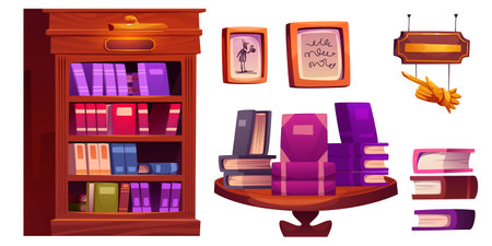 Bookstore interior elements - wooden vintage bookshelf with books, round display table with stacked literature, framed pictures on wall, decorative hanging point board. Classic library furniture set.のイラスト素材