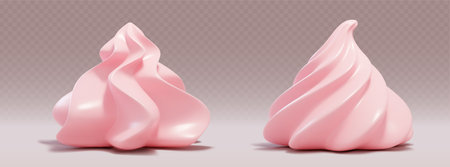 Whipped cream 3d elements in soft pink color with two piping techniques. Realistic meringue shapes with smooth surface and gentle swirls for bakery dessert menu design or confectionery presentation.のイラスト素材