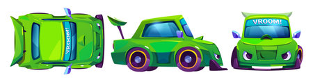 Green race car character set isolated on white background. Vector cartoon illustration of sport auto with winner smirk and narrowed eyes on face, transport for speed race rally, top, side, front viewのイラスト素材