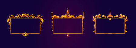 Medieval game frames set - ornate golden borders with decorative flourishes on dark background. Royal design elements with floral patterns and spiky finials. Fantasy RPG menu interface panels.のイラスト素材