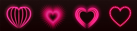 Pink neon hearts set isolated on transparent background. Vector realistic illustration of love symbols glowing in darkness, nightclub, casino, disco club decoration, shiny saint valentine day signのイラスト素材