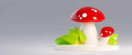 3d white podium for autumn product display studio scene. Abstract fall mockup with pedestal and mushroom in room. Amanita on cylinder stand on floor for thanksgiving sale with space in showroomのイラスト素材