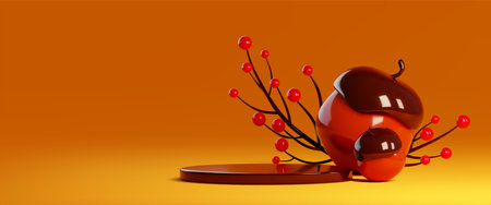 3d autumn podium with acorn for thanksgiving. November sale season banner with platform for product. October discount offer for shopping vector illustration. Pedestal for promo template conceptのイラスト素材