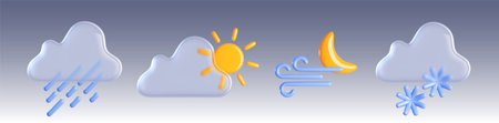 3d weather icon for sun, rain and cloud element. Winter rainy or snow forecast for cold season. Realistic meteorology glass symbol with snowflake and cute drop precipitation widget design conceptのイラスト素材