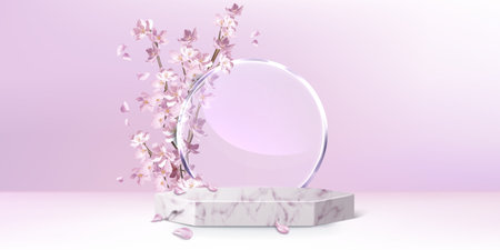 Delicate pink sakura blossoms on branch and flying petals, minimalist marble hexagonal podium and glass decorative circle in pastel studio room interior. platform with flowers for goods showcase.のイラスト素材