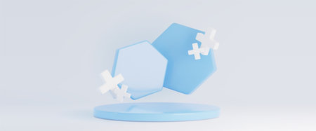 3d blue podium for health product tech background. Hospital or laboratory platform to display medicine on abstract exhibition mockup illustration. Biotechnology banner for healthcare presentationのイラスト素材