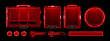 Red hud ui game frame. Futuristic tech interface for hologram danger alert element. Sci fi button and sign board for military message. Abstract high caution neon window template for title or nameのイラスト素材