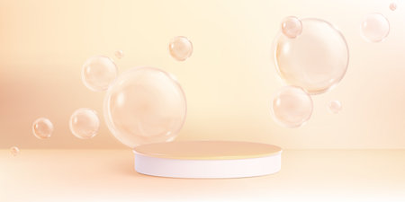 3d circle product podium with abstract bubble on background. White platform for cosmetic showcase in minimal pastel studio room. Round empty pedestal with soap bg for presentation and promotionのイラスト素材
