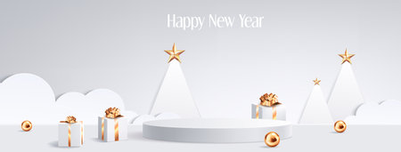 White Christmas product display setting with cylinder podium, simple paper cut Xmas trees with golden stars, abstract cloud or snowdrift shapes, gift boxes decorated with ribbon and bow, gold balls.のイラスト素材