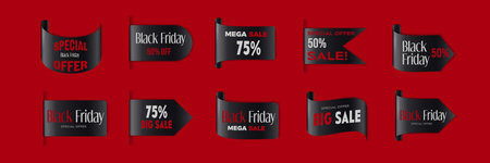 Black Friday sale and Cyber Monday discount badges and ribbon labels with overlay and shadow effect on red background. Realistic 3d vector set of November best offer promo tags and banners with signs.のイラスト素材