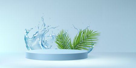 Summer beach or beauty cosmetic and spa promotion scene with light blue cylinder podium, clear water splash with drops and green palm tree leaves for seasonal sale and products display presentation.のイラスト素材