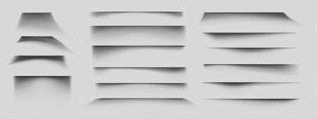 Paper page shadow effects set isolated on transparent background. Vector realistic illustration of rectangle or square sheet edge, abstract grainy black shades on surface, website design elementsのイラスト素材